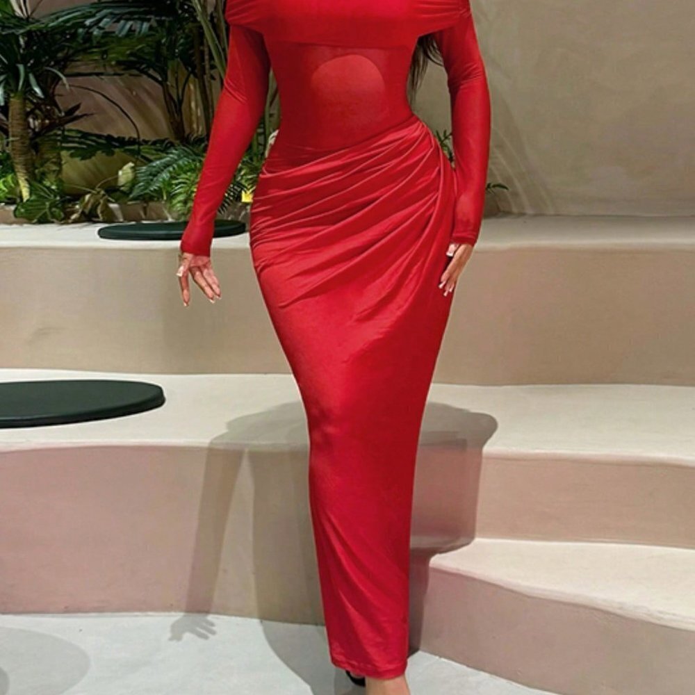 Red Elegant Women's Off-Shoulder Long Mesh Hollow-Out Bodycon Dress - Picture 4 of 7